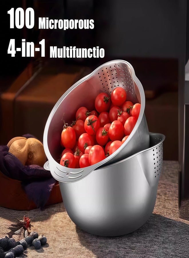 DOPMEP Rice Washer Strainer Bowl, Stainless Steel Washing Bowl for Rinsing Quinoa, Side Drainers Colander for Cleaning Fruits, Vegetables, and Beans - Versatile Kitchen Gadgets, 25X21X13 Cm, Silver - Image 3